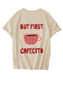 Camiseta de verano para mujer de manga corta con un divertido estampado de corazón y taza de café, cuello redondo, color rosa, estilo casual y versátil. - ¿Dónde estás? - Ver 5