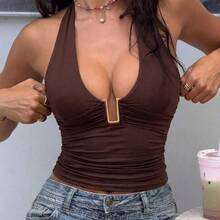 Women's Summer Vacation Solid Color Halter Neck Ruched Fitted Camisole Casual White - Blanco - Ver 11