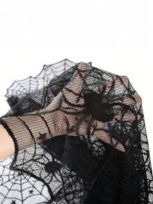 1 Set Halloween Tablecloth Set (Spider Web Lace Tablecloth, Fireplace Cloth, Placemats, Bat Stickers) Black Hollow Mesh Material Party Table Runner Halloween Table Decor Cover Suitable For Home, Restaurant, Bar, Haunted House, Escape Room, Costume Party, Holiday Party - Multicolor - View 2