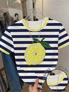 Camiseta de manga corta casual de mujer con bordado de limón, para verano - Blanco 3 - Ver 7