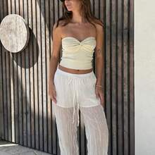 HoloChill 女士纯色休闲裤，夏季沙滩透视梭织面料直筒抽绳裤，2026 新款百搭长裤，女士夏季套装，派对装，沙滩度假装，优雅下装 - 白色 - 查看 6
