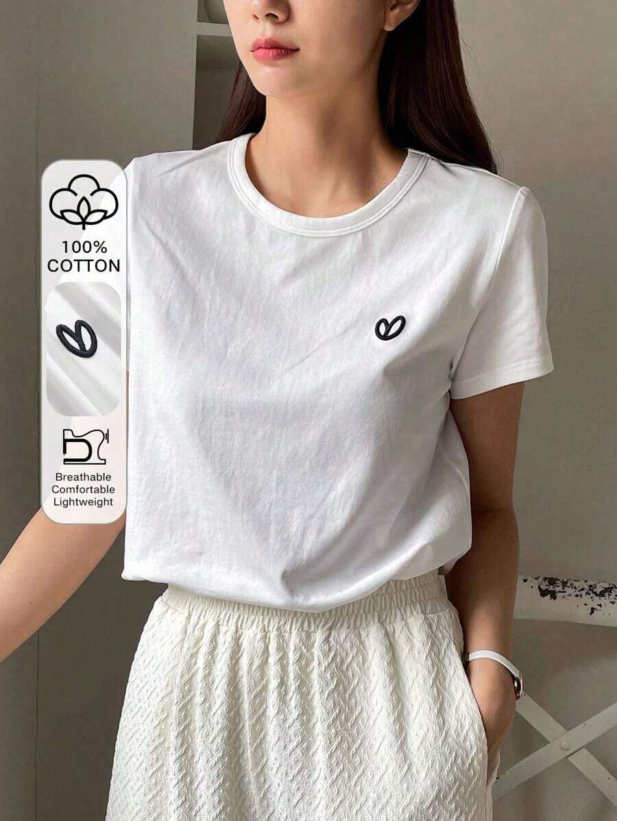 Y2K Style, Fashionable Style, Newest 2026 Style, Cute Style, Casual Style. Women's Short-Sleeved T-Shirt With Embroidered Heart And Letter Design For Valentine's Day, Casual And Work Style. 180g (S-XXXL) - 白色的 - 查看 1