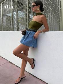 ARA CHIC Camisola Amarilla de Tirantes Finos con Espalda Descubierta y Escote Bajo para Mujer, Top Sexy, Ajustado, Cómodo y Versátil, Nueva Colección Primavera/Verano para Vacaciones y Viajes Diarios - Verde Oliva - Ver 3