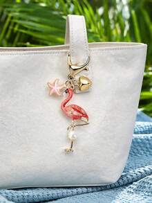 Pearl Flamingo Pendant With Heart-Shaped And Starfish Elements, Bohemian Vacation Style. Ocean Alloy Pendant, Hawaiian Tropical Style Pendant. Suitable For Backpacks, Wallet Decorations, Headphone Bag Accessories, Car Pendants, Fashionable And Minimalist Accessories, And Drip Jewelry. - one-size - View 3