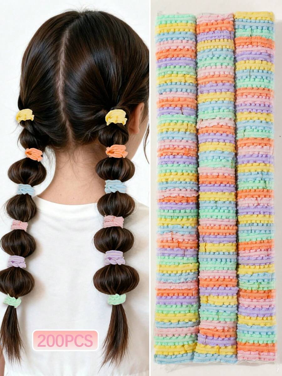 200pcs Girls Spring Color Lace Minimalist Hair Ties, Non-Damaging Hair Elastics, Small Hair Scrunchies, High Elasticity Hair Ropes, Hair Accessories For Daily Use - Multicolor - View 1