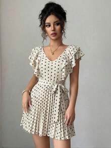 Vestido elegante y romántico para vacaciones con cuello en V con volantes, cintura ceñida y estampado de lunares en forma de línea A para mujeres - Multicolor 3 - Ver 6