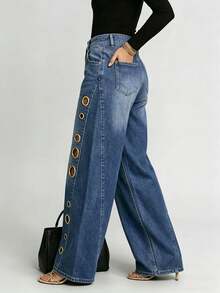 European And American New Denim Jeans With Women's Metal Eyelets Design, Casual And Loose High Waisted Wide Leg Jeans - 淺藍色 - 查看 5