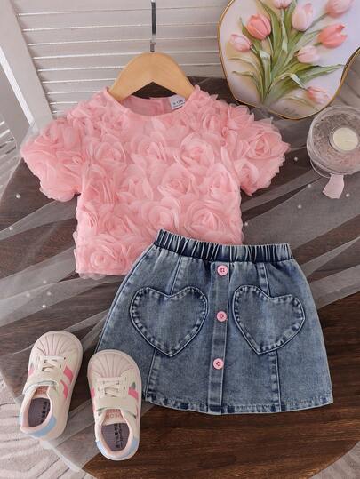 2pcs Baby Girls Gorgeous Mesh Floral 3D Decor Round Neck Short Sleeve Top With Heart Pocket & Button Denim Look Skirt Set, Summer