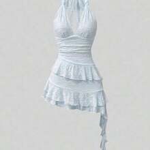 Sweetro Romantic Knitted Lace Twist Tie Layered Ruffle Hem Cropped Dress For Women, Sweet Style, Spring/Summer - Azul - Ver 1