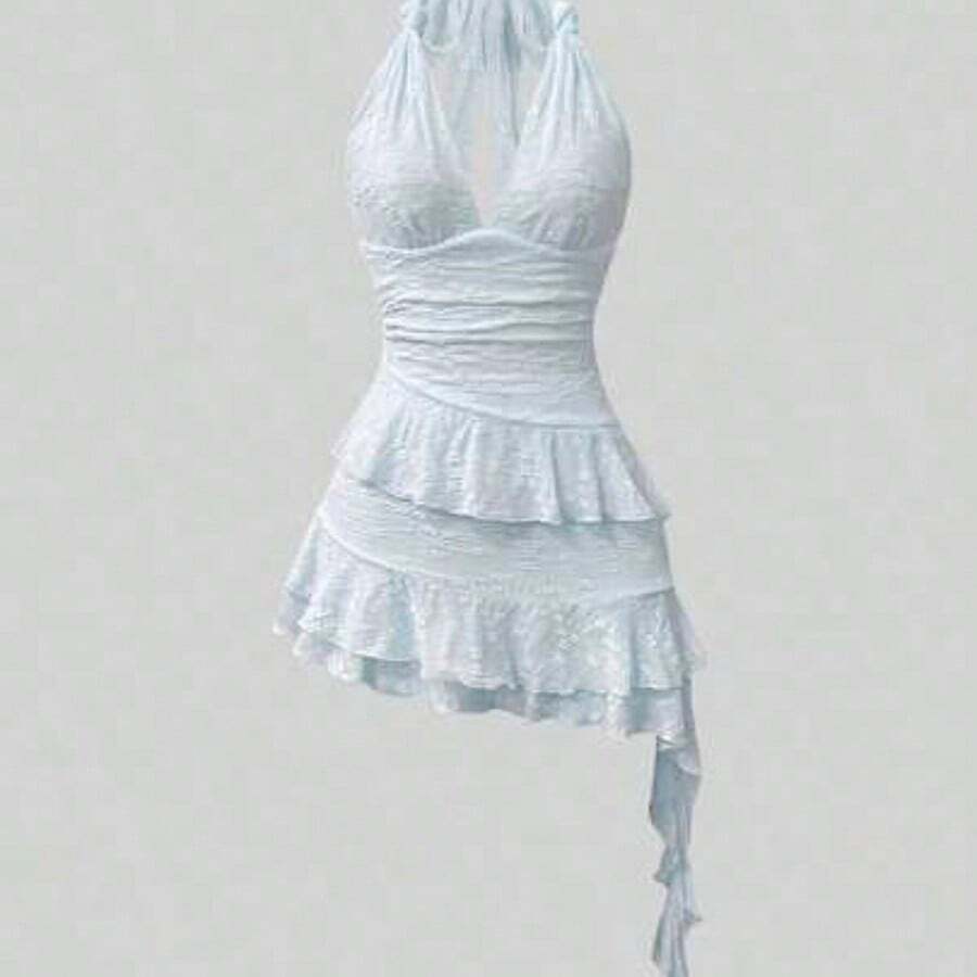 Sweetro Romantic Knitted Lace Twist Tie Layered Ruffle Hem Cropped Dress For Women, Sweet Style, Spring/Summer - Azul - Ver 1