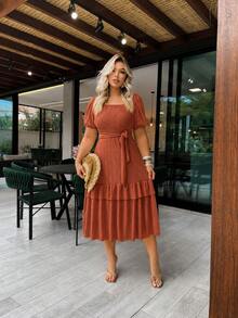 Elegant Women's Casual Dress, Fabric, Hem With Ruffle, Knot, Pleated, Women's Evening Wedding Dress - 亮橙色 - 查看 2