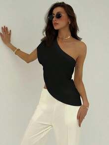 Blusa asimétrica de unicolor y textura simple con bajo asimétrico para mujer, ideal para playa y vacaciones, estilo boho tropical, corta, elegante, simple, delgada y versátil para uso diario, top de verano - Negro - Ver 5