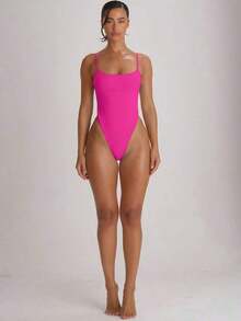 Resort Traje de baño con cuello recto, tirantes y corte alto en la pierna, tipo cheeky.Traje de baño básico unicolor para vacaciones, verano y viajes a la playa. - Rosa Fucsia - Ver 5
