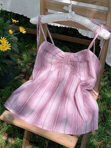 Camiseta sin mangas plisada y a rayas de verano para mujer, de estilo casual y vacacional - Rosa - Ver 4