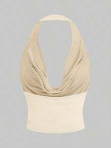 Top halter corto y sexy sin espalda de unicolor con cuello drapeado sin mangas para mujer, estilo Y2K para salir en verano - Albaricoque - Ver 2