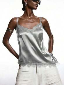 2026 Nueva Blusa Minimalista de Primavera para Mujer de Satén Color Albaricoque con Encaje, Elegante Camisola con Ribete de Encaje, Adecuada para Primavera/Verano; Camisa Elegante, Adecuada para Fiestas, Primavera, Navidad, Año Nuevo, etc.; Elegante - Gris - Ver 9
