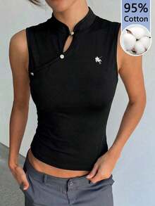 Chaleco de estilo chino retro con cuello negro para mujer - Negro 3 - Ver 4