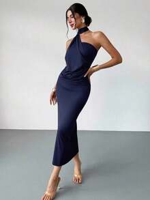 Vestido suelto con mangas acampanadas asimétricas de color marrón moca para mujer, vestido largo de moda, ropa de primavera/verano, adecuado para ir al trabajo, elegante, sexy, vacaciones, playa, estilo bohemio, Hawái, festivales de música, fiestas, atuendo de trabajo - Azul marino - Ver 8