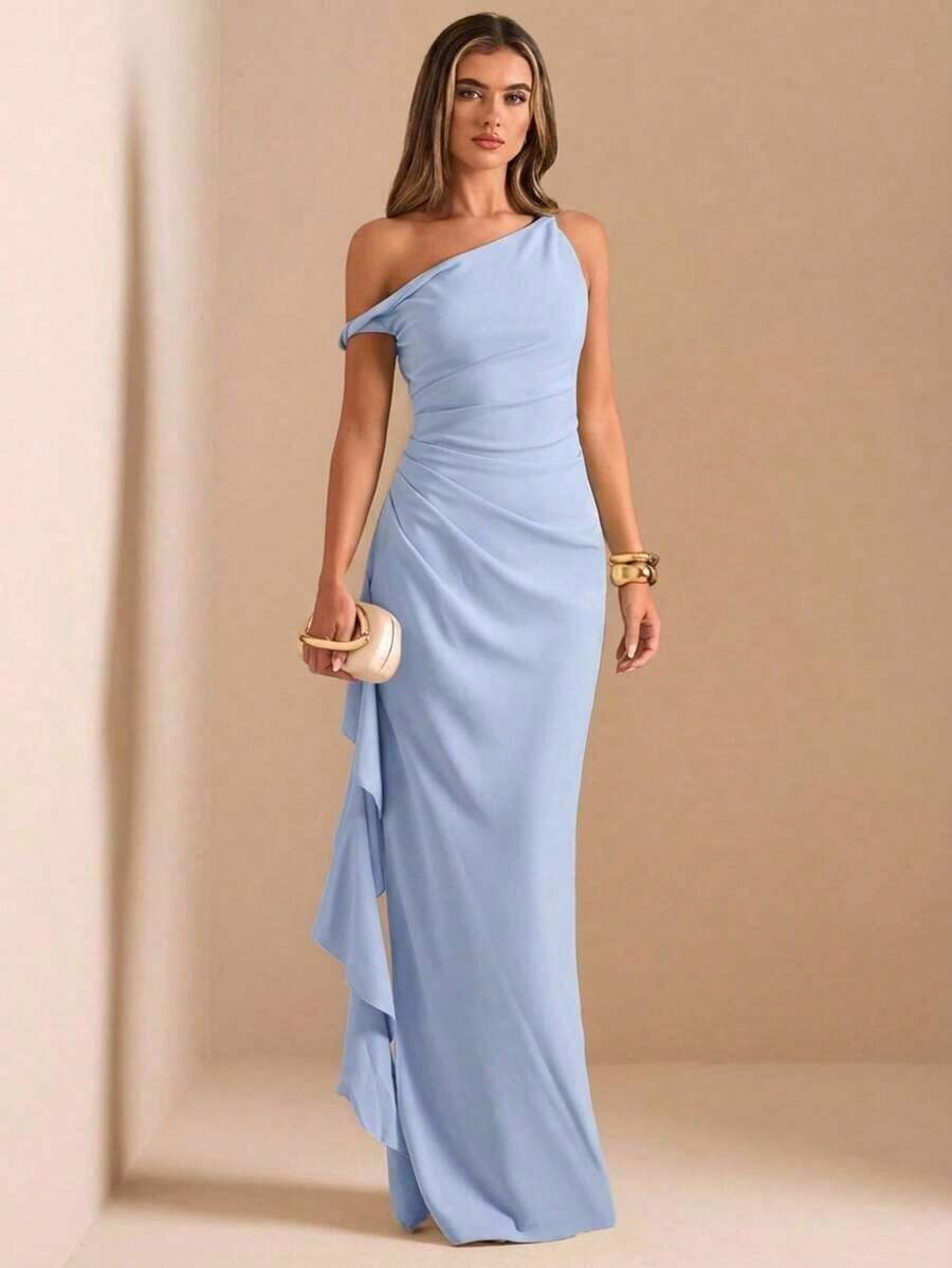 de dama de honor de otoño/invierno, vestido largo elegante con pliegues, abertura alta, volantes y hombros oblicuos con nudo retorcido y sin tirantes, sexy para fiestas - Celeste - Ver 1