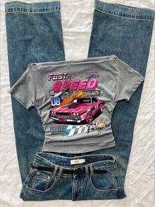 Camiseta corta de manga corta ajustada con hombros descubiertos, estampado retro de coche inglés y pliegues en la cintura, en color rosa, adecuada para el verano, el estilo callejero y el aeropuerto - Gris Claro - Ver 1