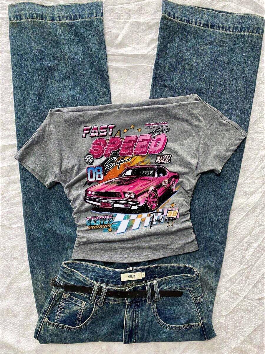 Camiseta corta de manga corta ajustada con hombros descubiertos, estampado retro de coche inglés y pliegues en la cintura, en color rosa, adecuada para el verano, el estilo callejero y el aeropuerto - Gris Claro - Ver 1