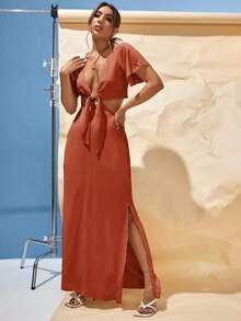 Vestido unicolor de cuello profundo con nudo delantero con abertura de muslo con abertura - Naranja Quemada - Ver 3