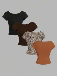 4 piezas Camisetas de mujer de cuello redondo, ajustadas, con espalda descubierta y diseño minimalista de patrones, adecuadas para el verano - Multicolor 10 - Ver 2
