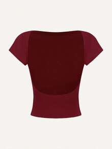 4 piezas Camisetas de mujer de cuello redondo, ajustadas, con espalda descubierta y diseño minimalista de patrones, adecuadas para el verano - Multicolor 14 - Ver 5