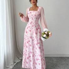 Women's Printed Square Neck Long Sleeve Elegant Summer Dress - Morado - Ver 6