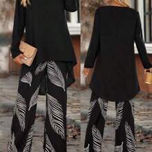 Women's Casual Commuter Solid Color Front Short Back Long Top & Floral Print Long Pants 2 Pieces Set  Omen's Full Print Round Neck Long Sleeve High-Low Hem Top And Wide Leg Pants Loose 2 Pieces Set Two Pieces Pants Set Women Blouse And Pants Set Women Ladies Casual Pants Set Women Two Pieces Outfit Summer Pants Sets Women's Solid V-Neck Short Sleeve Shirt And Printed Pants Casual Suit 2pcs Summer Women Allover Allover Print Short Sleeve Top And Solid Color Pants Set Fall Women Clothes Fall Cloth - Negro - Ver 1