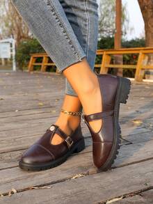 2026 Spring/Autumn New T-Strap Mary Jane Shoes For Women, Low Chunky Heel Adjustable Loafers, Vintage British Academy Style, Versatile Commuter Daily Work Shoes - Brown - View 6