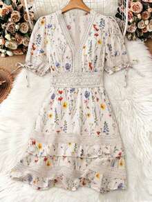 Vestido de mujer con cuello en V, volantes y estampado floral diminuto con cintura ceñida - Albaricoque - Ver 4