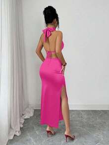 MEXElenzga Vestido de satén con cuello alto y espalda descubierta con lazo sexy para mujerMEX 3QKF - Verde Oscuro - Ver 10