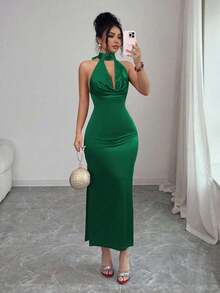 MEXElenzga Vestido de satén con cuello alto y espalda descubierta con lazo sexy para mujerMEX 3QKF - Verde Oscuro - Ver 4