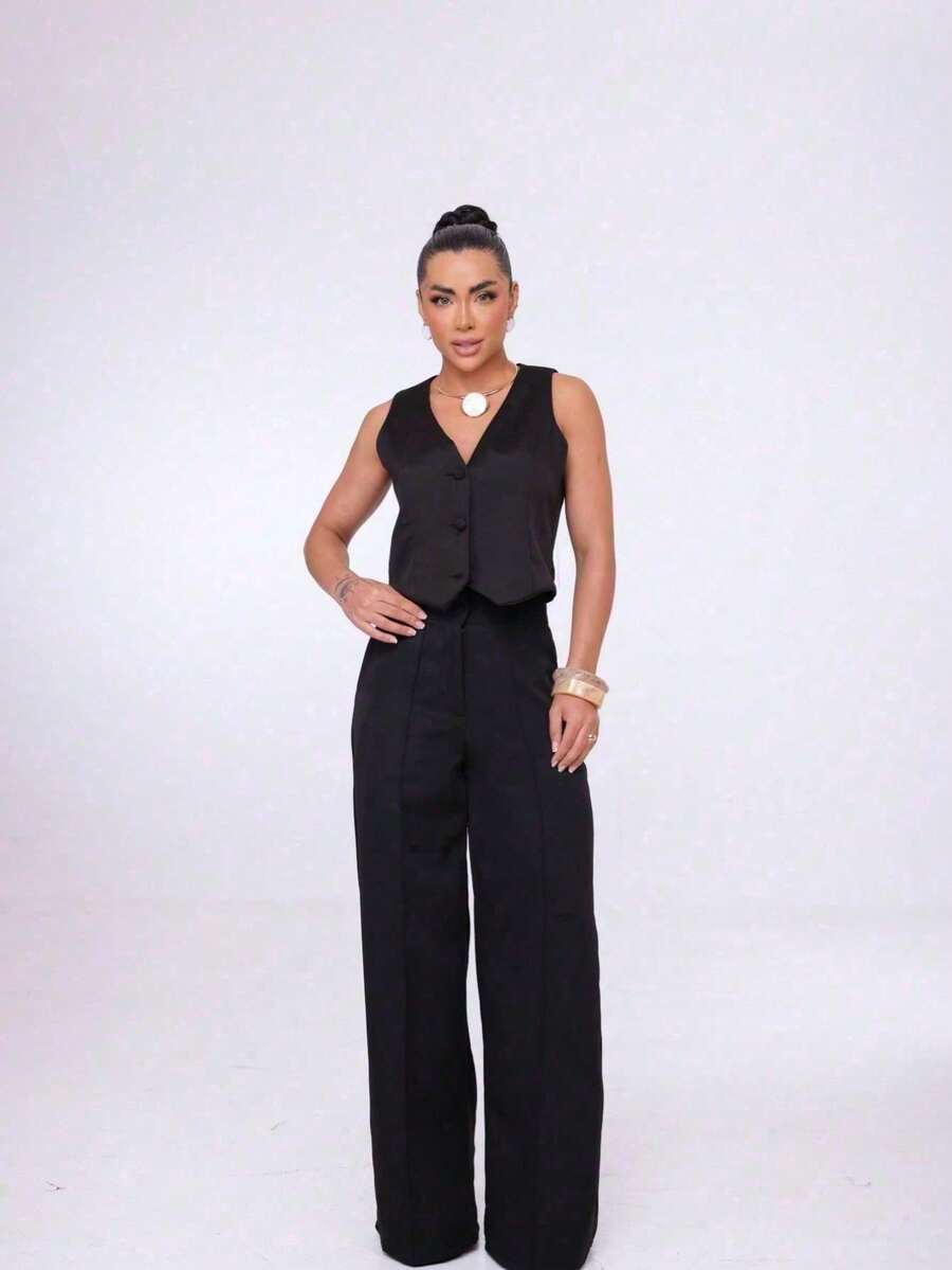 Wide-Leg Pants By Alntaria Risco Calca111114 - Black - View 1