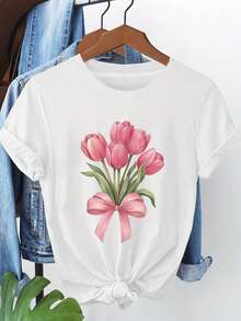 Women's Short-Sleeved T-Shirt With A Pink Tulip Bouquet And Bow Print, Thanksgiving 2026 Theme, Suitable For Holiday Gifts, Casual Daily Wear, Sweet And Elegant Top. - 白色 - 查看 1