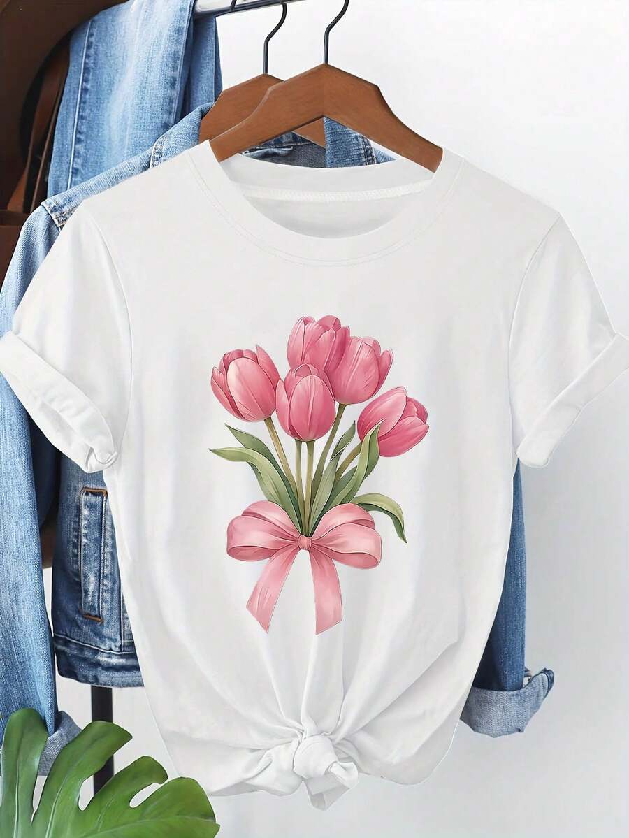 Women's Short-Sleeved T-Shirt With A Pink Tulip Bouquet And Bow Print, Thanksgiving 2026 Theme, Suitable For Holiday Gifts, Casual Daily Wear, Sweet And Elegant Top. - 白色 - 查看 1