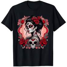 Camiseta del Día de los Muertos para Hombre y Mujer - Camiseta de Algodón Suave con Diseño Floral de La Catrina y Calavera de Azúcar - Camiseta Negra con Rosas Rojas - Ropa Casual y de Disfraz para Halloween, Lavable a Máquina - Ropa para el Festival del Día de los Muertos - Regalo Ideal para Fanáticos de la Cultura Latinoamericana - Negro - Ver 6