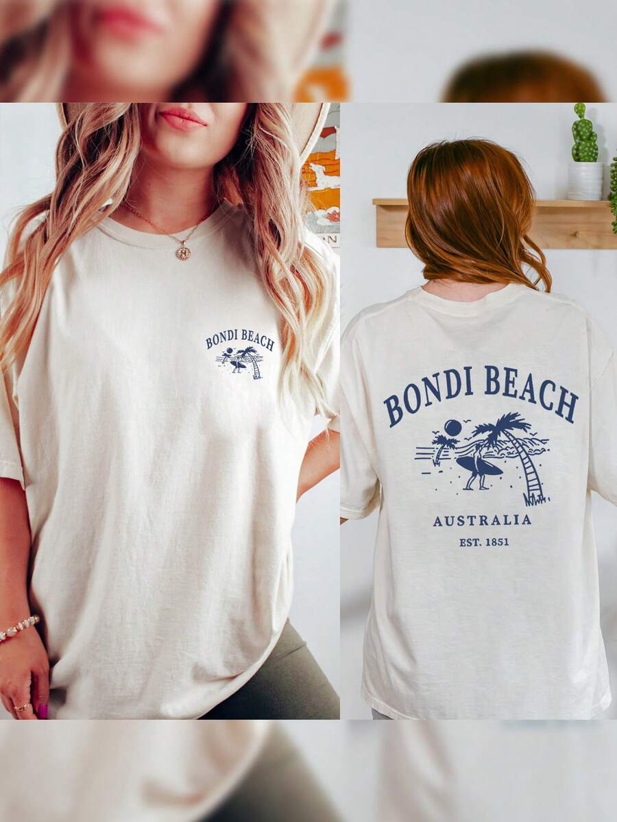 Bondi Women's Surf And Beach Graphic T-Shirt - Retro Black And Gold Surf Print With Kangaroo And Surfboards, Casual Short Sleeve Crew Neck T-Shirt For Surfing, Beachwear And Everyday Wear (Loose Fit) Y2k T-Shirt Shirt - 白色 - 查看 1
