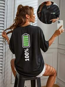 Camiseta Gráfica Casual Negra para Mujer con Estampado de Batería al 01% - Corte Relajado, Cuello Redondo, Manga Corta, Tela de Elasticidad Media, Lavable a Máquina, Top de Primavera/Verano, Camisetas para Mujer, Diseño Divertido, Estilo Pullover Y2k - Negro - Ver 10
