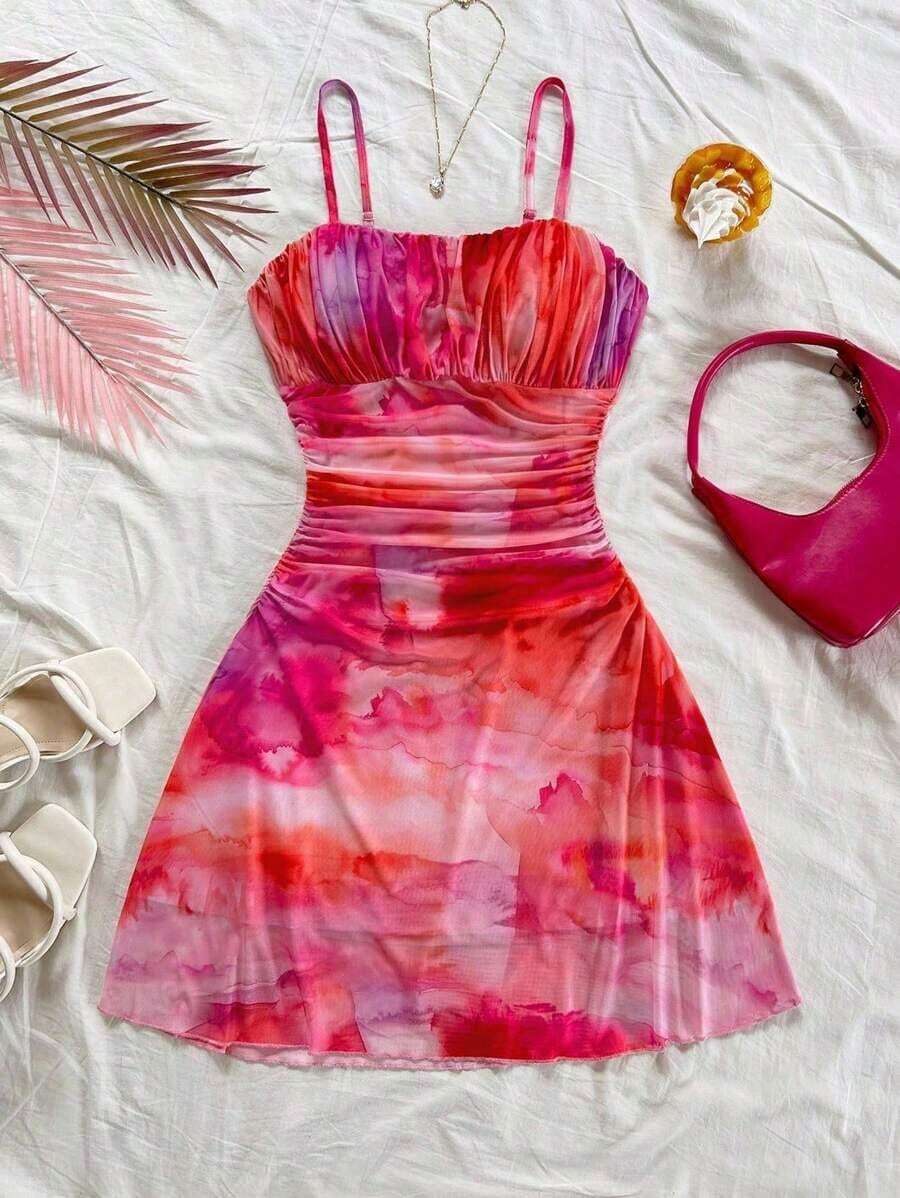 Vestido mini de tirantes finos con línea A, con estampado floral romántico rosa, apropiado para fiesta, cita, Día de San Valentín, Pascua, carnaval, crucero de playa, té de la tarde, moda de primavera/verano - Multicolor - Ver 1