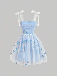 MOD Vestido sencillo de uso diario para mujer con decoración de malla y adornos bordados, vestido bohemio casual para dama con contraste de malla, bordado, tirantes anudados, ajuste regular, vestido corto con mariposa azul, colorblock, floral, plantas, camiseta, vestidos cortos de mujer, primavera/verano, uso casual diario - Azul - Ver 1