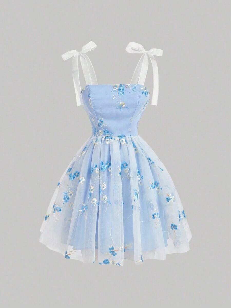 MOD Vestido sencillo de uso diario para mujer con decoración de malla y adornos bordados, vestido bohemio casual para dama con contraste de malla, bordado, tirantes anudados, ajuste regular, vestido corto con mariposa azul, colorblock, floral, plantas, camiseta, vestidos cortos de mujer, primavera/verano, uso casual diario - Azul - Ver 1