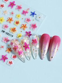 2片5D立体芙蓉花美甲贴纸，彩色法式花卉和海星图案自粘美甲贴花，热带夏季花卉美甲装饰，适合度假、海滩派对和日常DIY美甲 - 彩色 - 查看 11