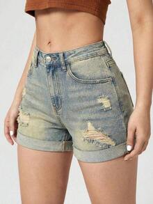 Pantalones Cortos De Mezclilla Con Borde Deshilachado - Azul - Ver 1