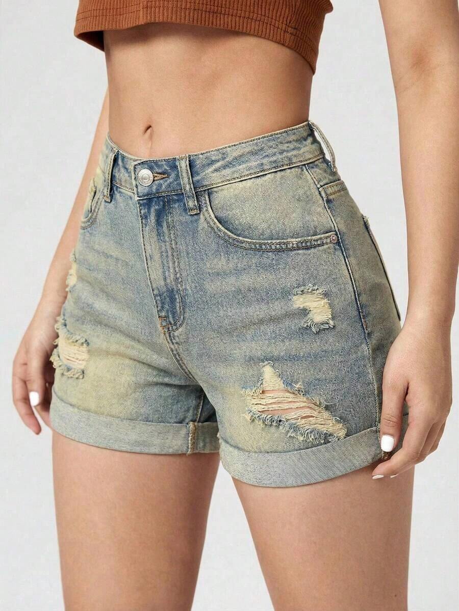 Pantalones Cortos De Mezclilla Con Borde Deshilachado - Azul - Ver 1