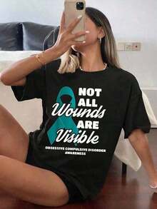 Conjunto para el Día de la Madre, 100% Algodón, Regalo de Concientización sobre la OCD, Camiseta con Estampado 'No Todas las Heridas Son Visibles', Cuello Redondo Casual, Manga Corta, Camiseta Cómoda para Primavera y Ropa de Mujer, Tops de Mujer - Negro - Ver 8