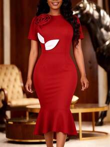 Vestido de noche de sirena rojo elegante AOMEI con volantes 3D en el bajo, mangas cortas y cuello redondo para eventos de verano, bodas y fiestas - Rojo - Ver 1