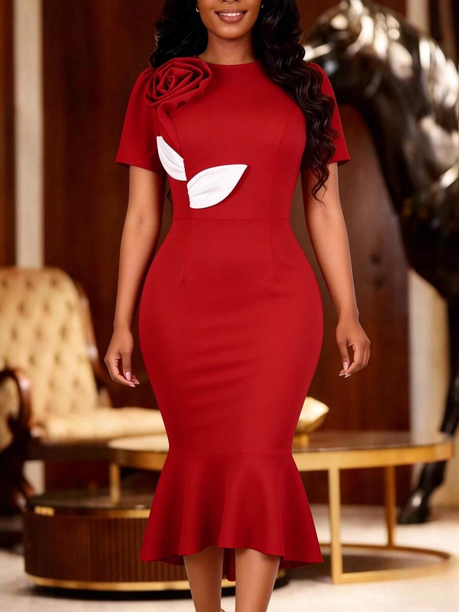 Vestido de noche de sirena rojo elegante AOMEI con volantes 3D en el bajo, mangas cortas y cuello redondo para eventos de verano, bodas y fiestas - Rojo - Ver 1