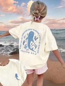 1 pieza de camiseta de manga corta para niñas, con estampado de delfines y motivos tropicales, color gris oscuro, estilo casual, cómoda y a la moda para estudiantes jóvenes, ligera para el verano. - Albaricoque - Ver 12